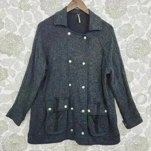Free People Linen Blend Womens XS Gray Double Breasted Coat Jacket With Pockets